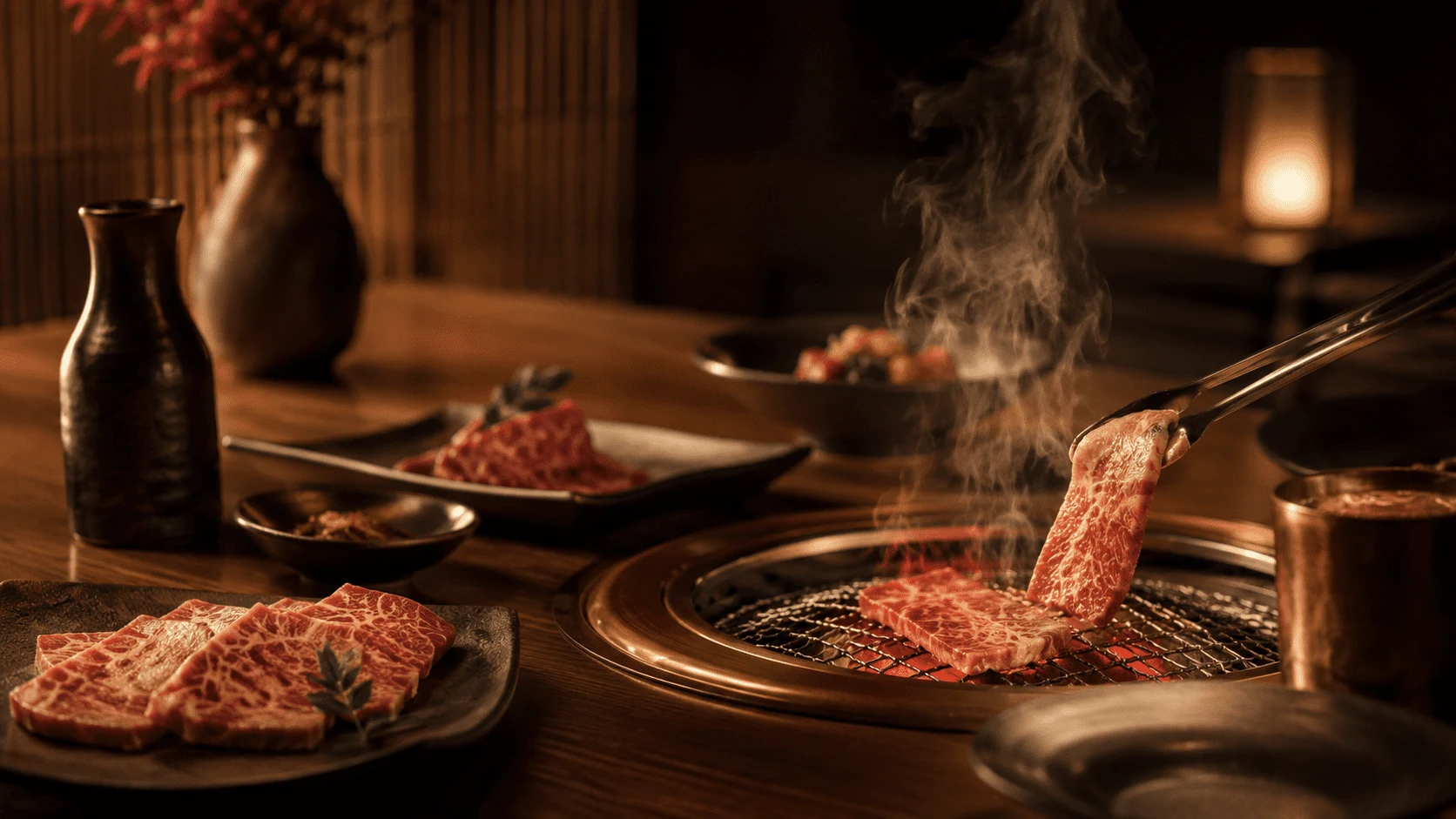 炭火爐台上的肉品與現場氛圍