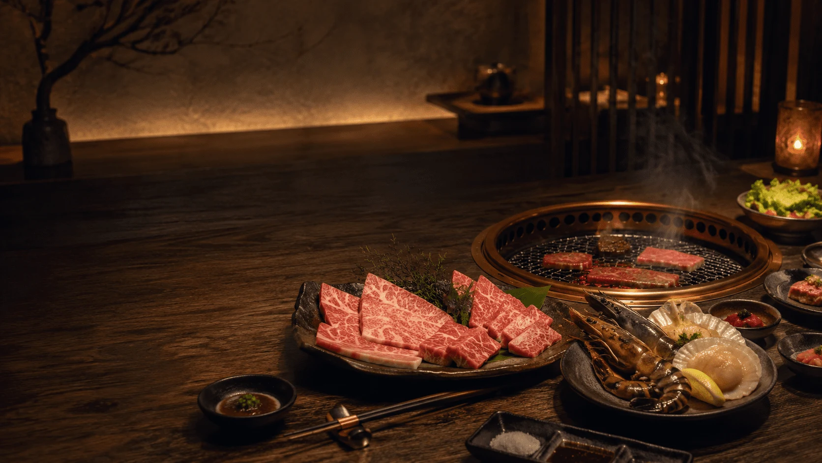 高級海鮮與炭火燒肉組合