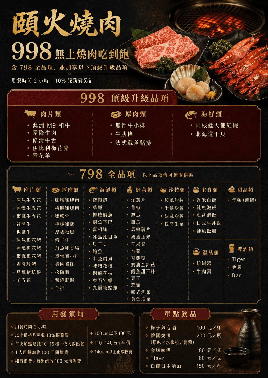 無上燒肉菜單視覺海報，含至尊全品項與頂級升級項目。